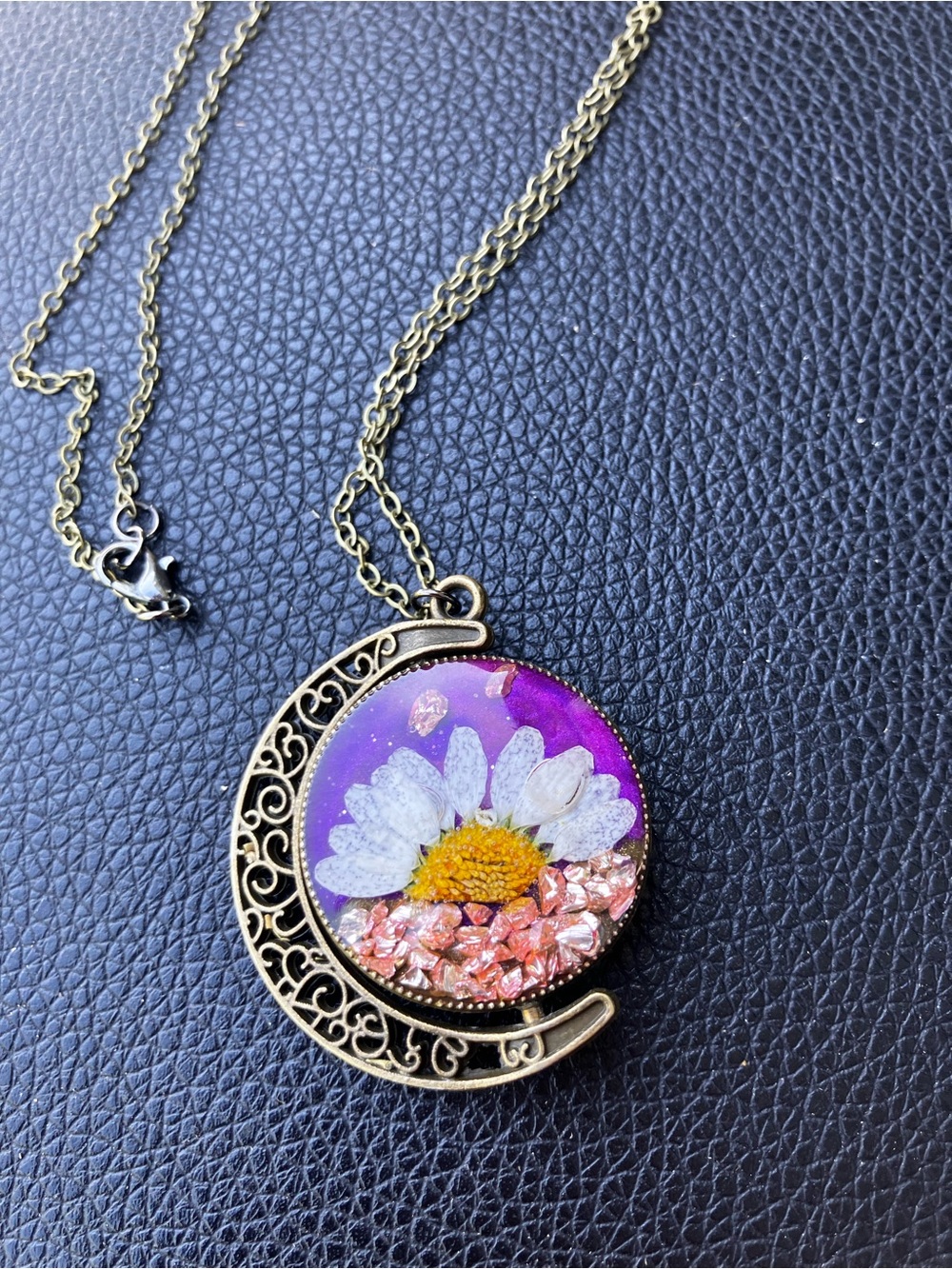 Double sided moon pendant necklace purple and pressed flowers